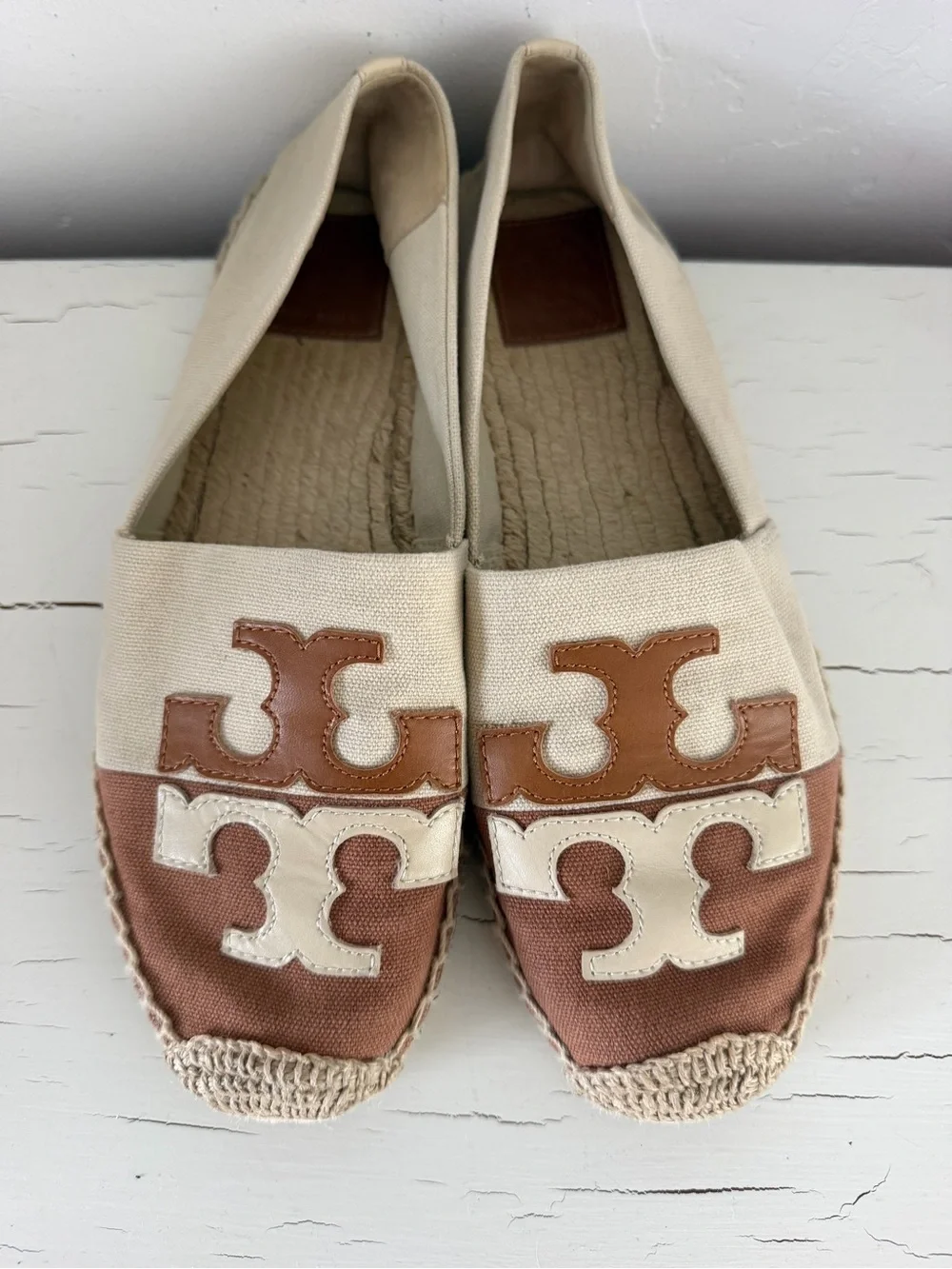 Tory Burch Double T Logo Canvas Espadrille Flats Brown Cream Size 9